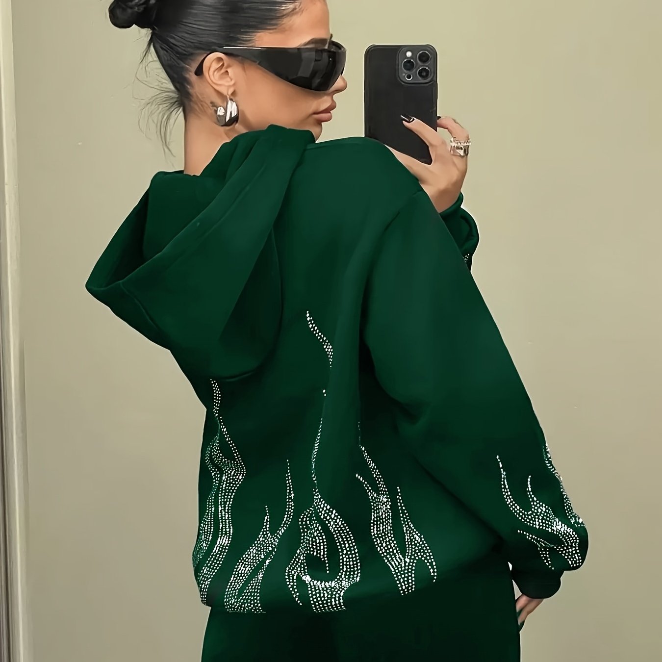 Women's hoodie with rhinestone flame pattern and hood, relaxed fit
