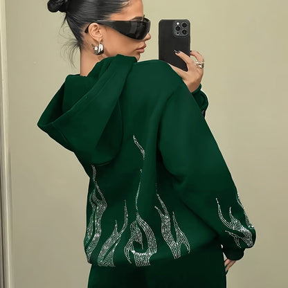 Women's hoodie with rhinestone flame pattern and hood, relaxed fit