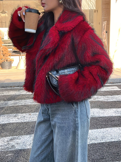Short faux fur jacket, red and black patterned, with a wide collar