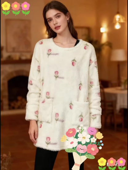 Women's fleece nightgown, cream, floral pattern, long-sleeved, short house dress