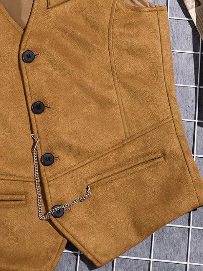 Men's vest with V-neck, button placket, and chain detail