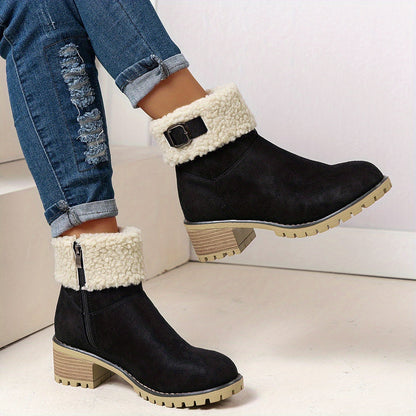 Women’s short winter boots with warm lining, buckle, and heel