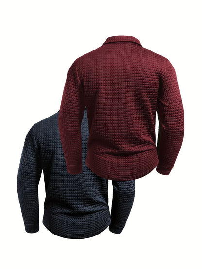 Men's long-sleeved polo shirt with a waffle texture and checked collar, navy blue and army green