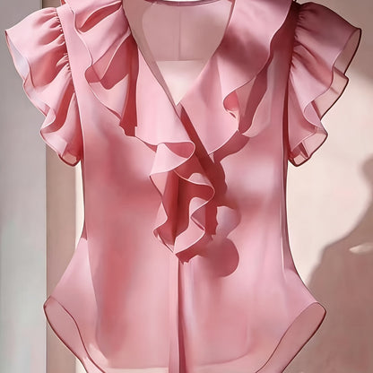 Women's blouse with ruffles and V-neck – Elegant frilled blouse for office and leisure