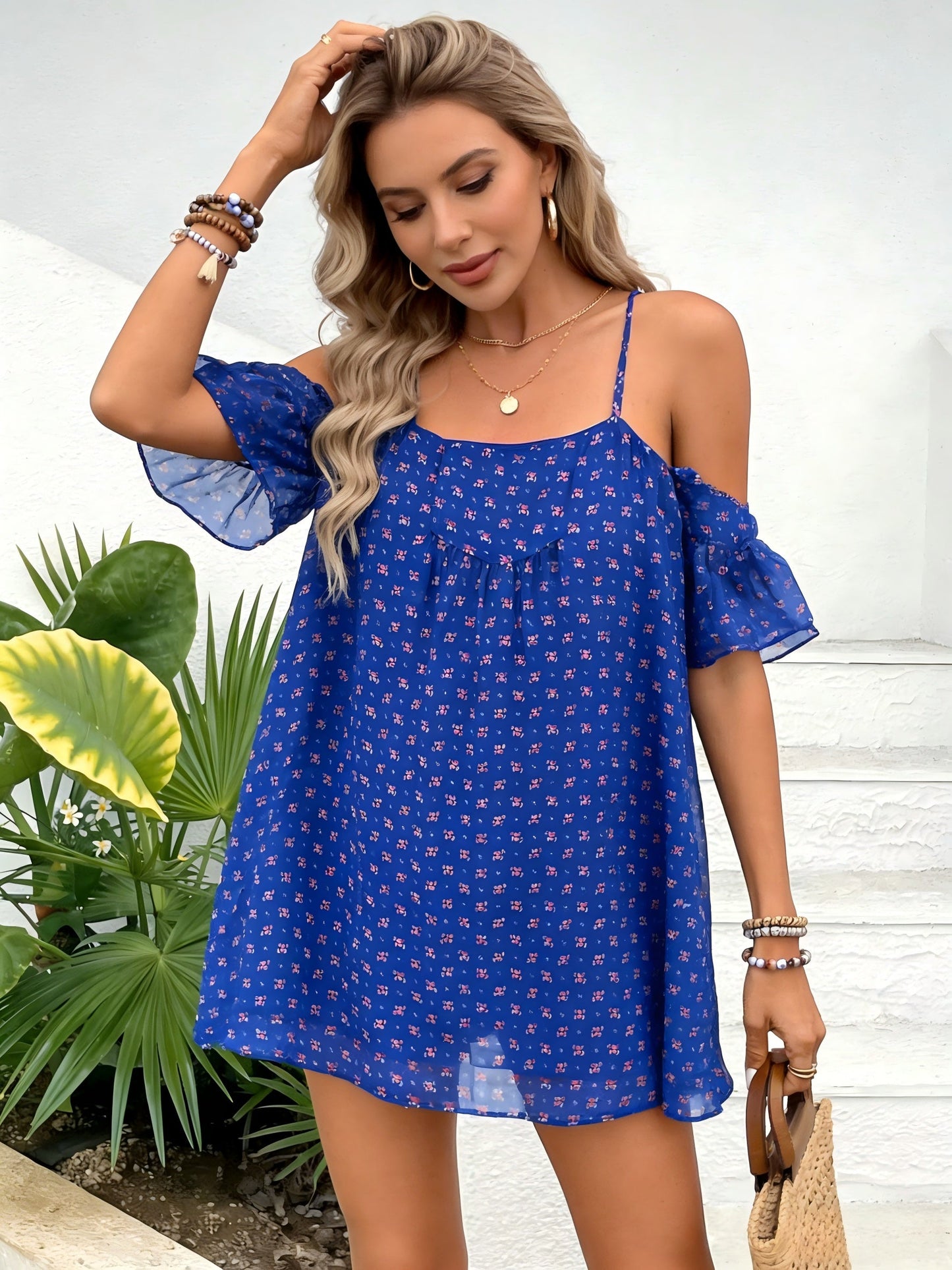 Women's Summer Mini Dress with Floral Pattern and Off-Shoulder Design – Casual Leisure Look