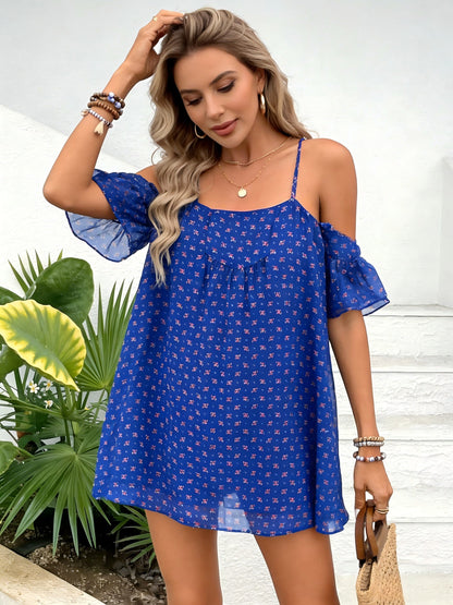Women's Summer Mini Dress with Floral Pattern and Off-Shoulder Design – Casual Leisure Look