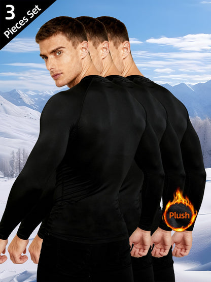 Men's Long-Sleeve Thermal Undershirt Crew Neck Black 3-Piece Set