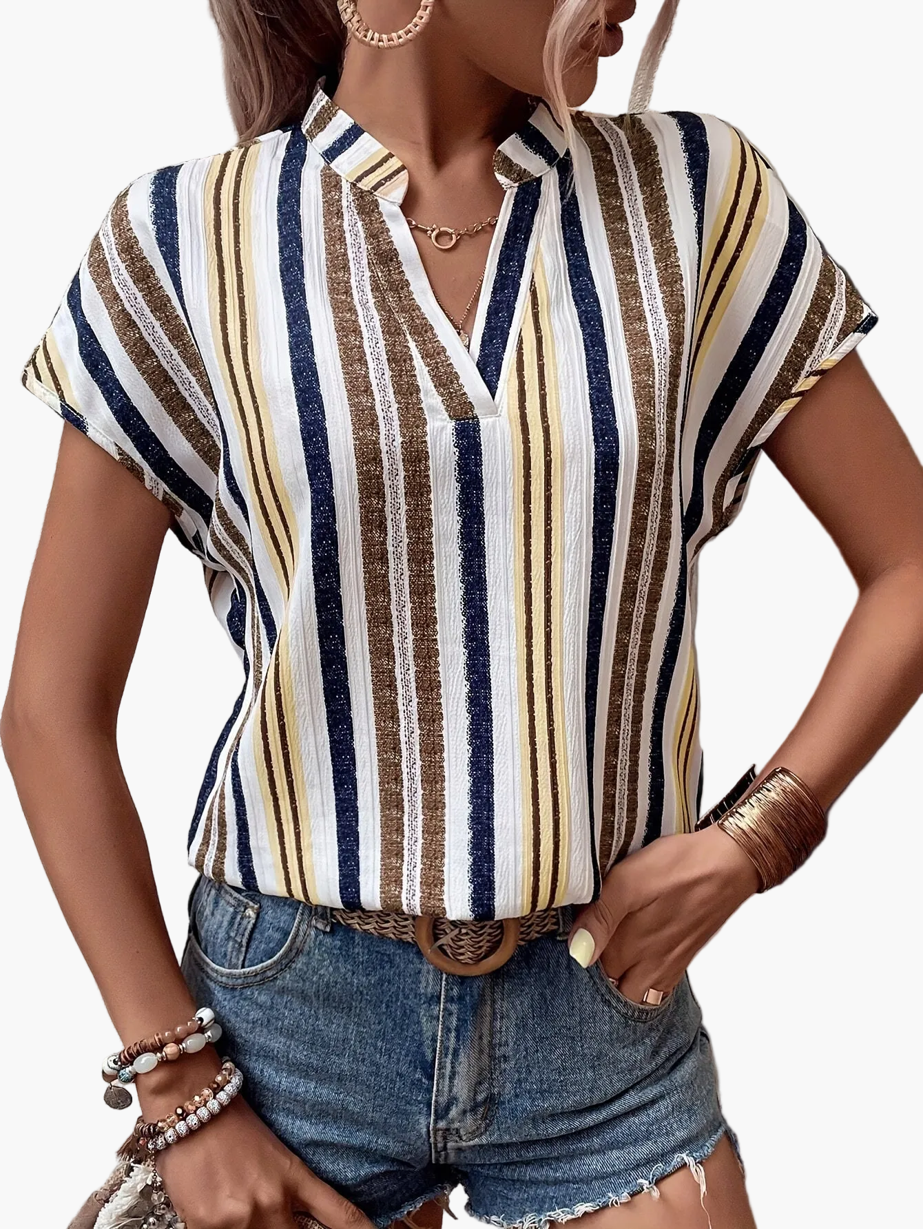 Women's summer blouse shirt with stripes and V-neck, elegant casual look