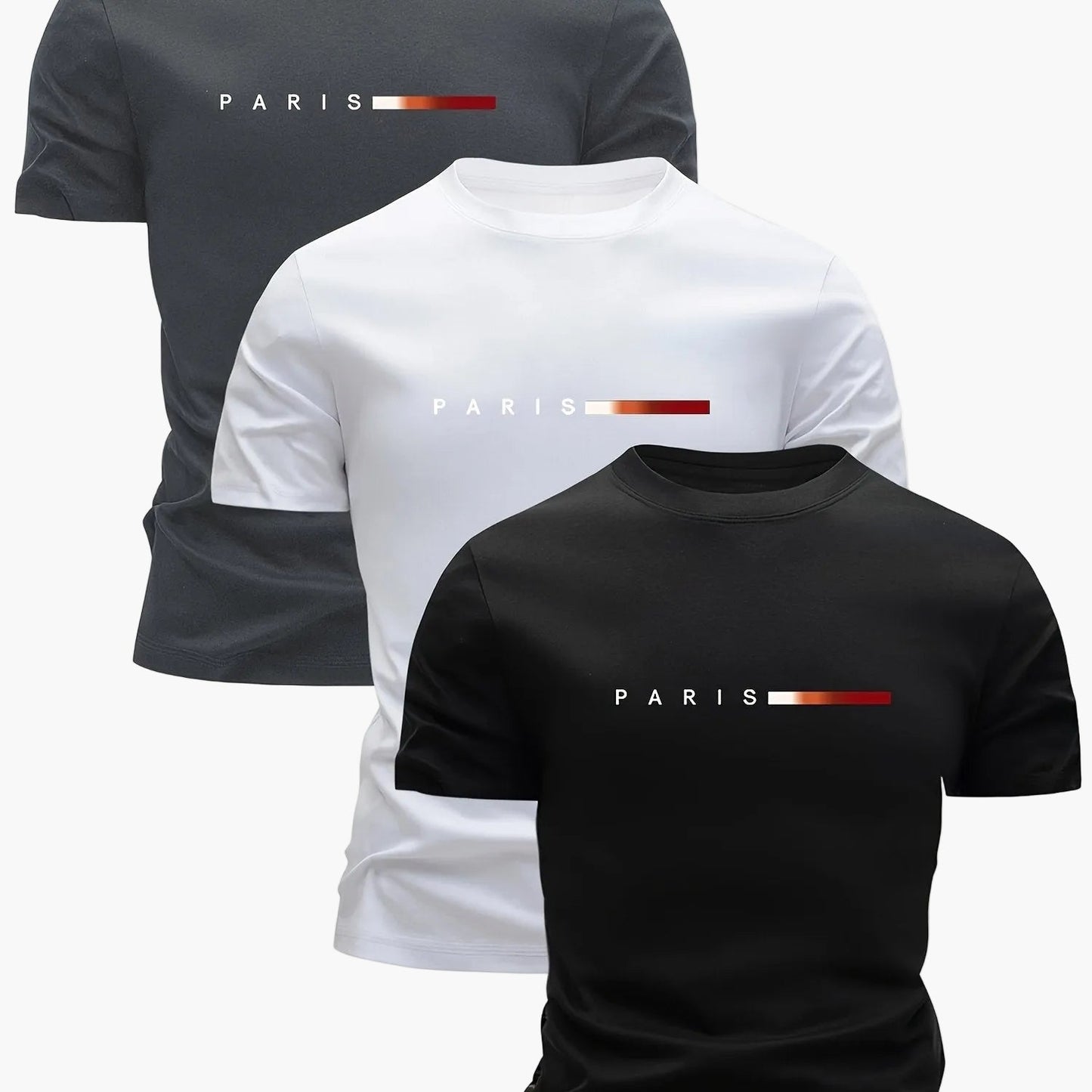 Men's T-Shirt Set 3-Pack – Modern Paris Print, Sporty Style, Perfect for Everyday & Leisure