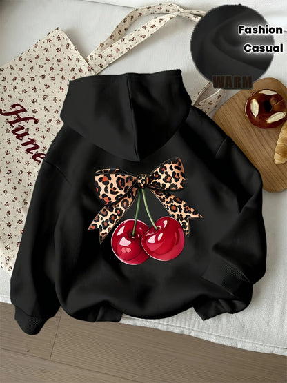 Black hoodie with cherry and leopard print pullover hoodie
