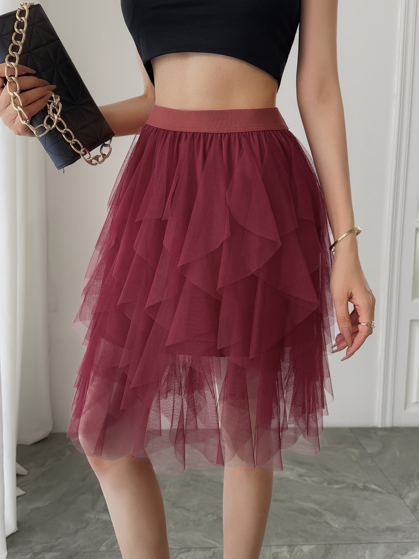 Damen Tüllrock mit Stufen-Design, Eleganter Lagenlook, Modisch für Freizeit und besondere Anlässe