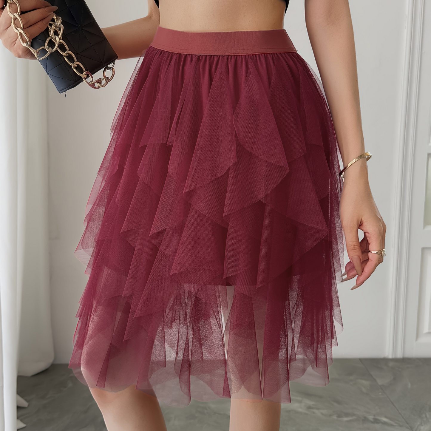 Damen Tüllrock mit Stufen-Design, Eleganter Lagenlook, Modisch für Freizeit und besondere Anlässe