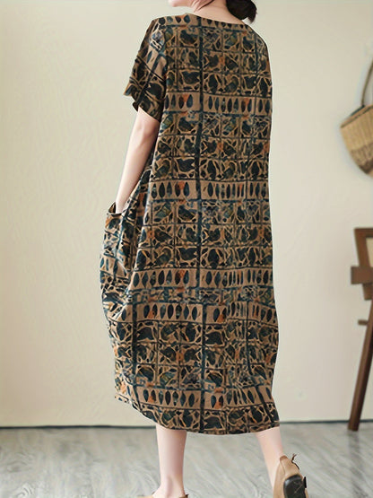 Women's casual dress with geometric print and relaxed fit – short sleeves, casual, ideal for everyday and office use