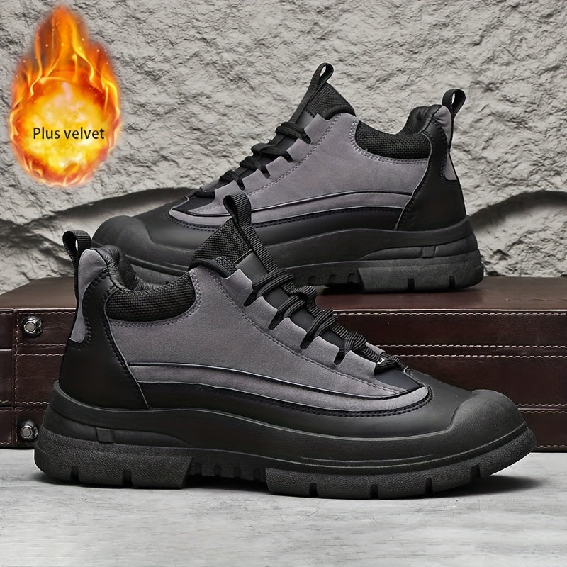 Men's sneakers, mid-top shaft, black and khaki, sturdy sole, lace-up closure