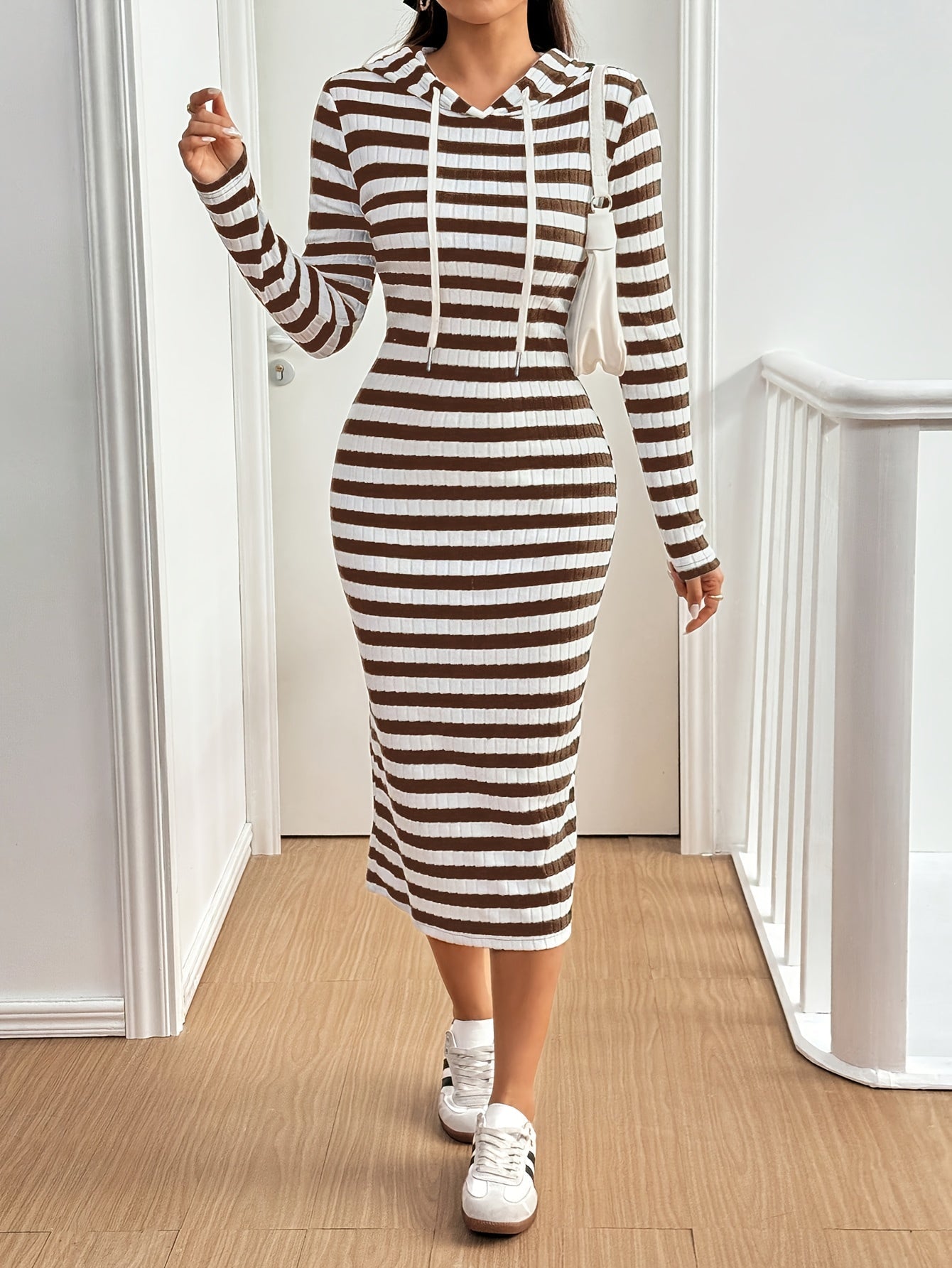 Women's striped midi knit dress with hood and long sleeves