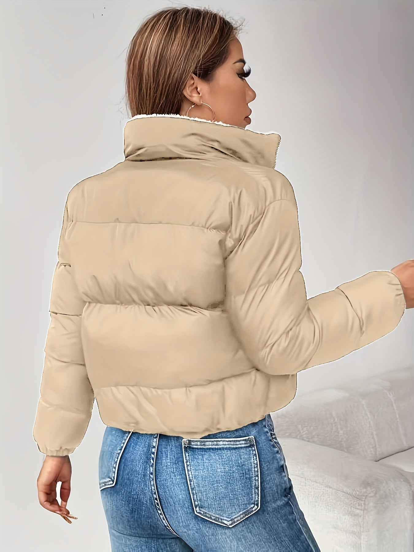 Women's Short Quilted Jacket with Teddy Lining and Zipper