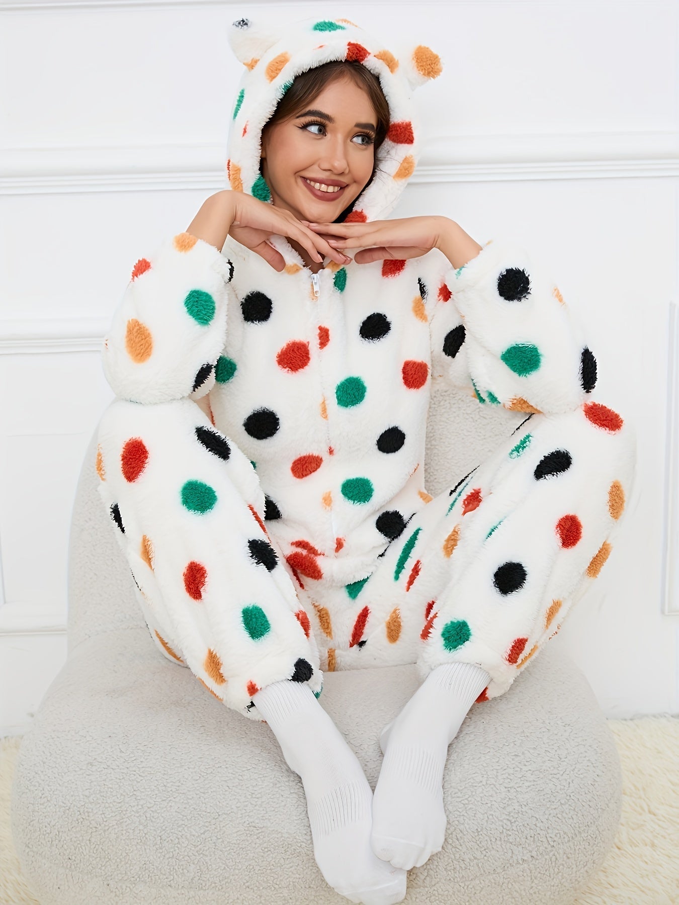 Women's fluffy sleep jumpsuit with zipper, hood, and bear pattern