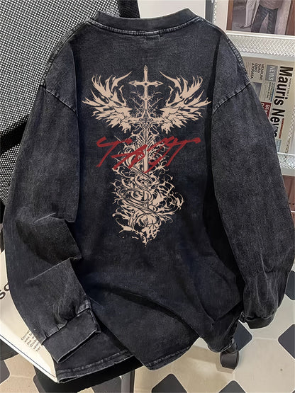 Unisex long-sleeve shirt with graphic print, acid-wash look, dark gray