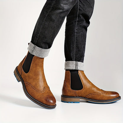 Brown Men's Chelsea Boots with Brogue Design and Elastic Inserts