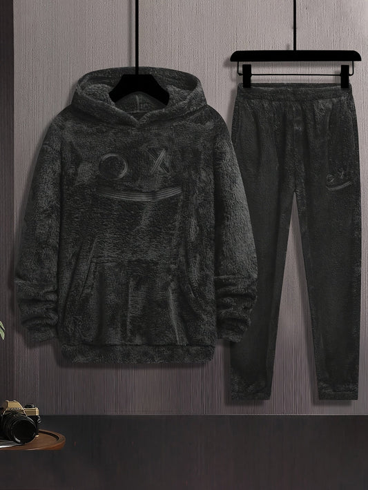 Unisex flannel plush tracksuit in gray with a hood