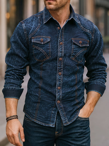 Men's long-sleeve dark blue denim shirt with chest pockets in a worn look