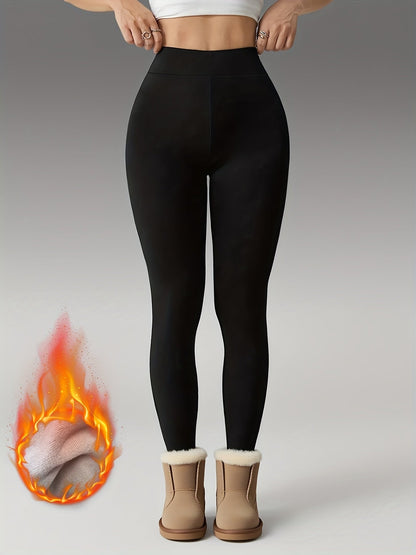Women's black high-waisted leggings with a thermal look, opaque