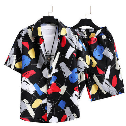 Men's Summer Casual Two-Piece with Abstract Print – Fashionable Short-Sleeve Shirt & Shorts Set for Vacation and Everyday Wear