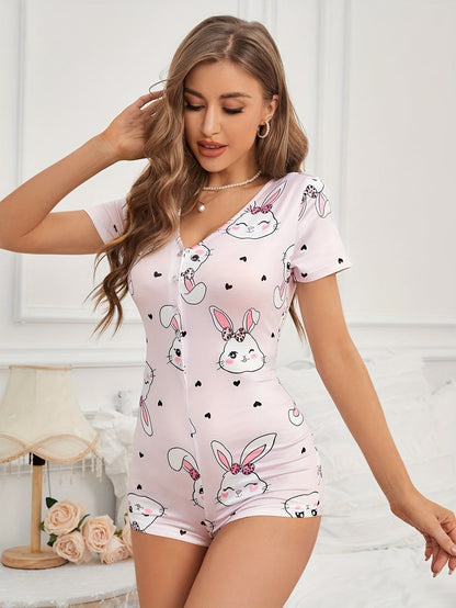 Women's Short-Sleeve Pajama Jumpsuit with Bunny Print and Button Placket – Cute One-Piece for Spring and Summer