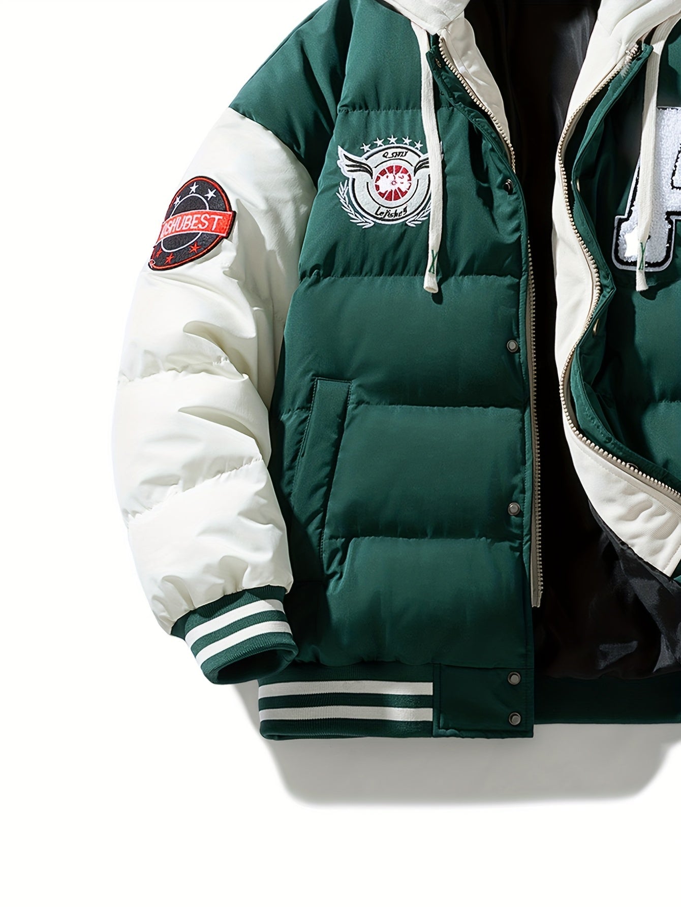 Unisex Winter Jacke im College-Stil mit abnehmbarer Kapuze, Kontrastärmeln & Patches