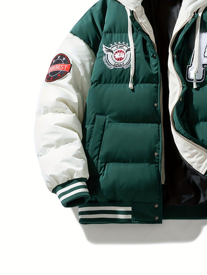 Unisex Winter Jacke im College-Stil mit abnehmbarer Kapuze, Kontrastärmeln & Patches