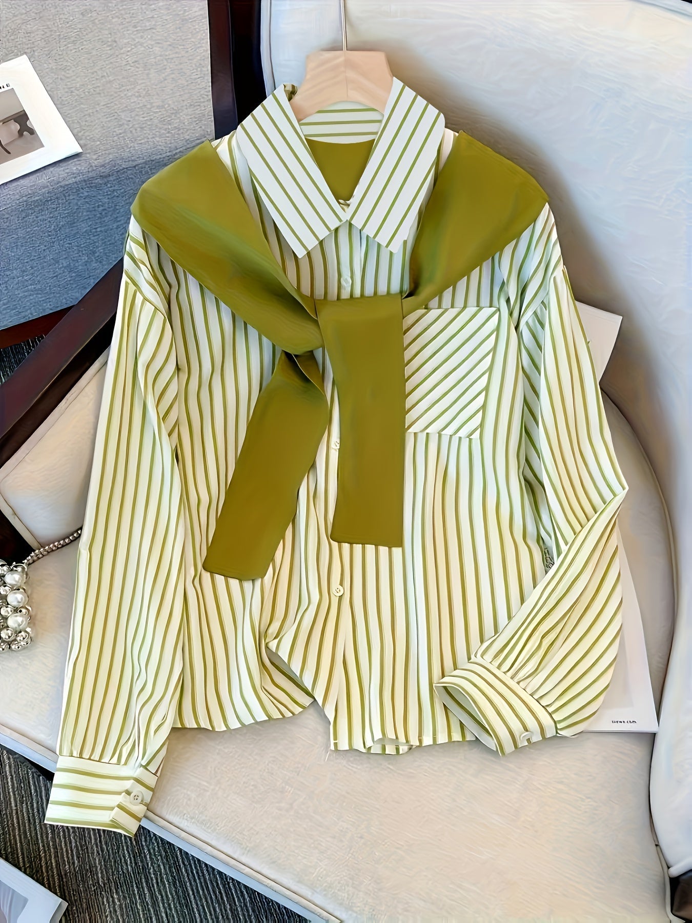 Women's striped blouse with tie detail, long-sleeve shirt blouse with chest pocket