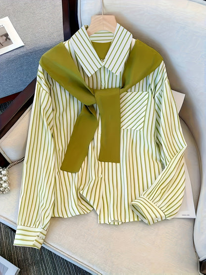 Women's striped blouse with tie detail, long-sleeve shirt blouse with chest pocket