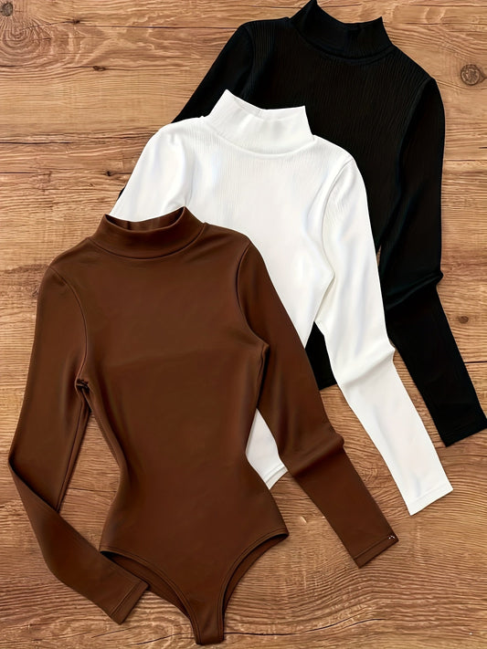 Damen Body Langarm Rollkragen Slim Fit Rippstrick Optik