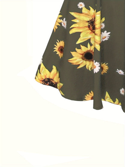 Damen Vintage Sommerkleid A-Linie mit Sonnenblumenmuster – Perfekt für Alltag und Freizeit
