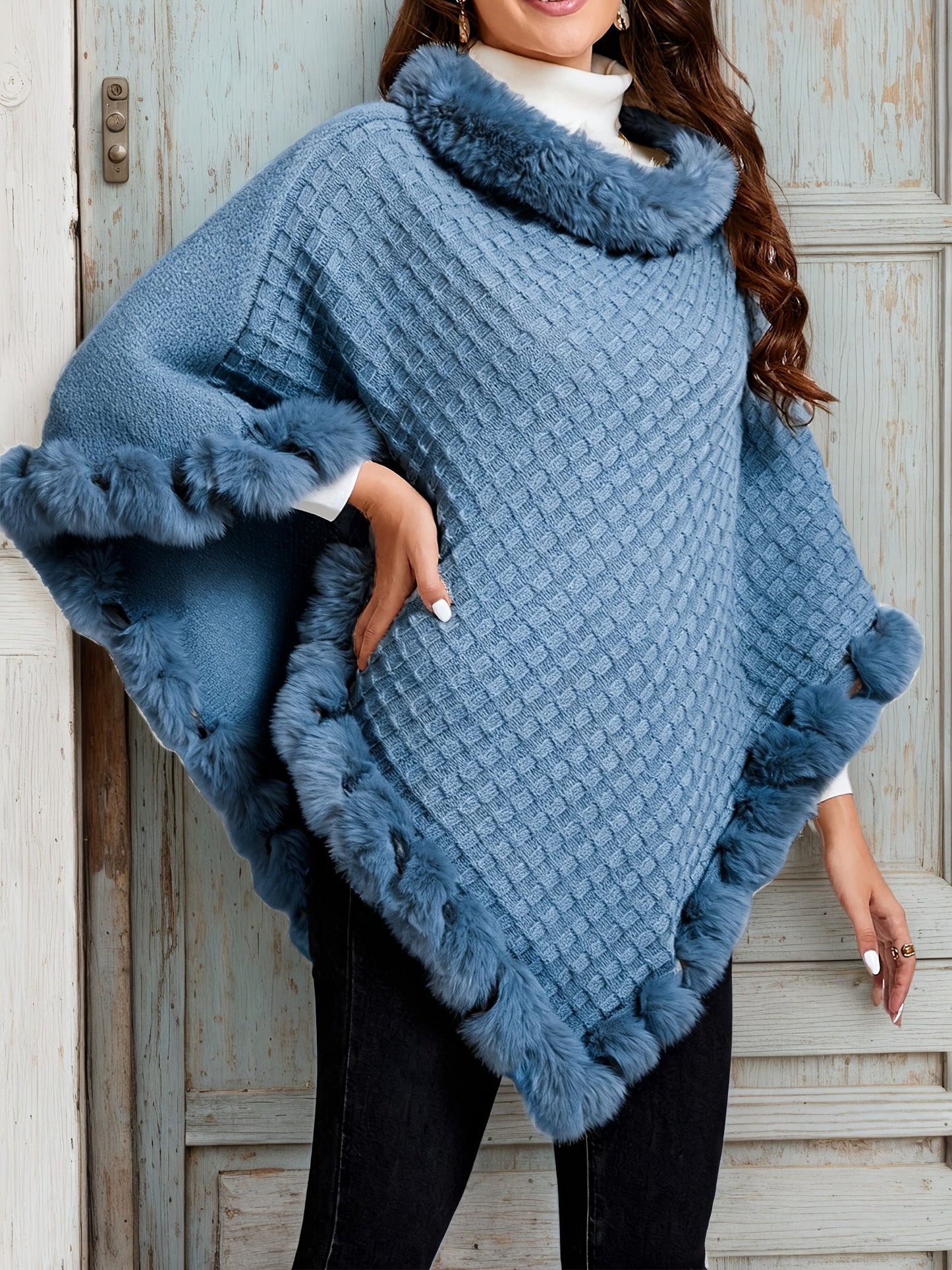 Damen Poncho gestrickt mit Kunstfellbesatz Wickelponcho