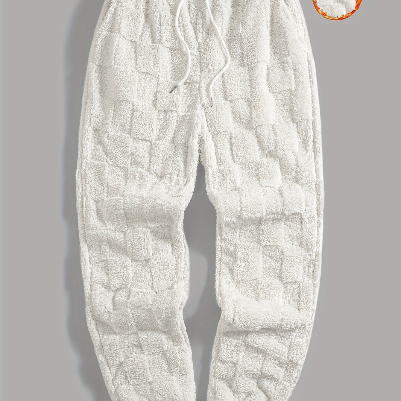 Unisex fluffy sweatpants with a plaid pattern and drawstring, White