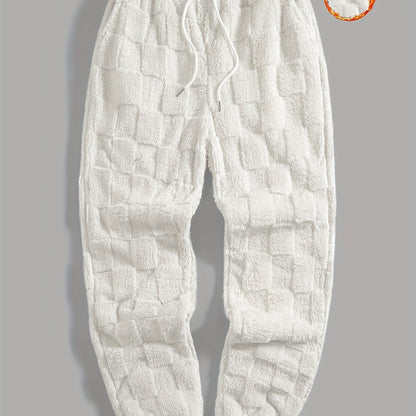 Unisex fluffy sweatpants with a plaid pattern and drawstring, White