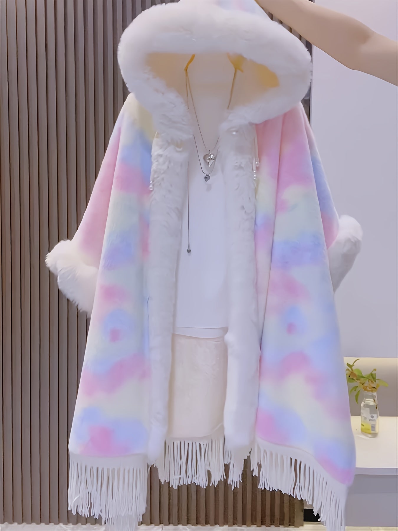 Colorful poncho cape with hood and fringes – fluffy cover-up cape