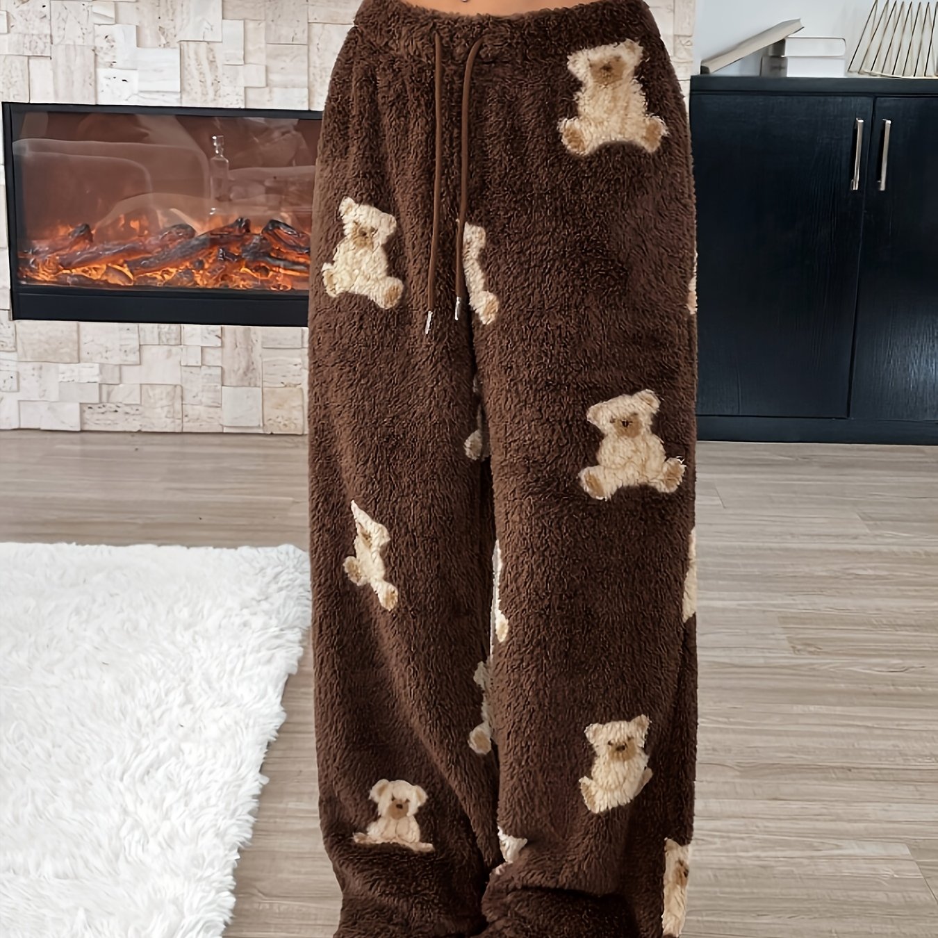 Plush pants, brown teddy bear pattern, wide leg