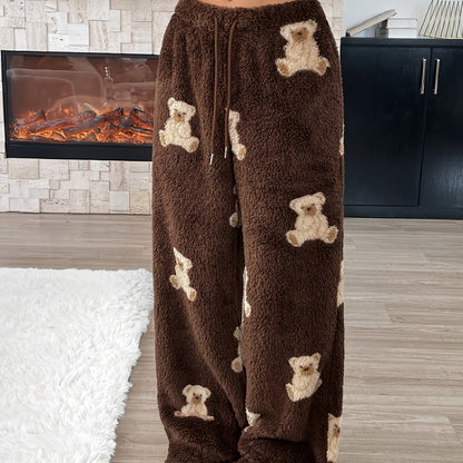 Plush pants, brown teddy bear pattern, wide leg