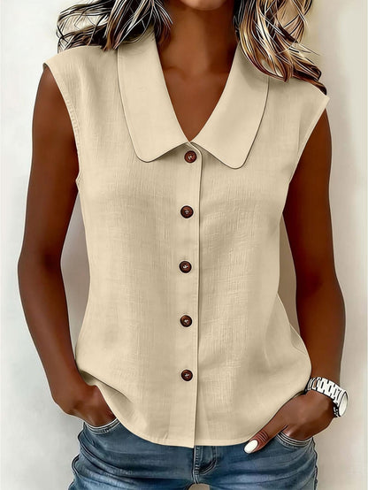 Women's sleeveless blouse with button placket and wide collar – Elegant casual wear