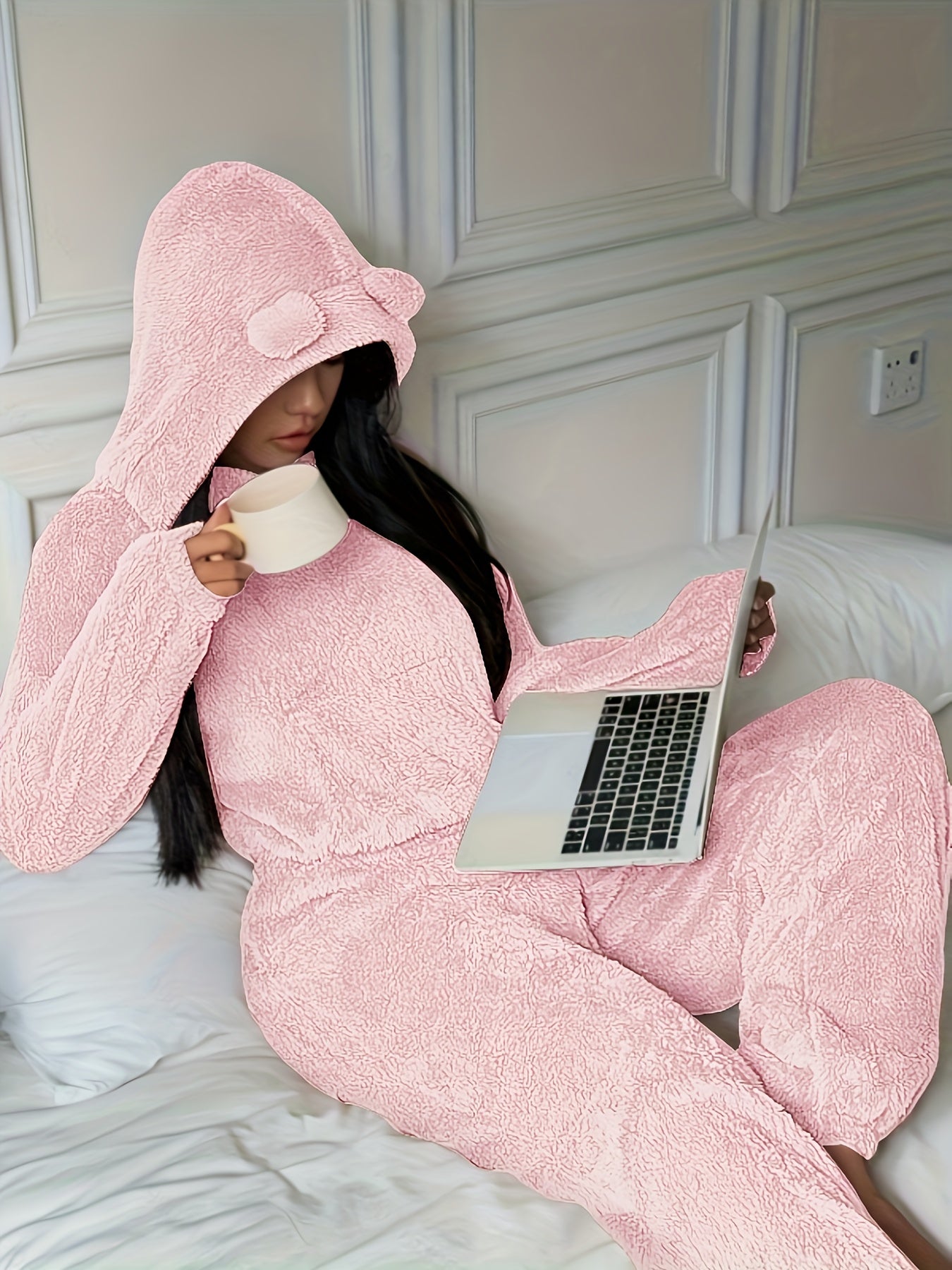 Damen Kuscheliger Loungewear Schlafanzug mit Kapuze und Ohren Plüsch Zweiteiler