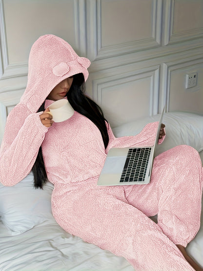 Damen Kuscheliger Loungewear Schlafanzug mit Kapuze und Ohren Plüsch Zweiteiler