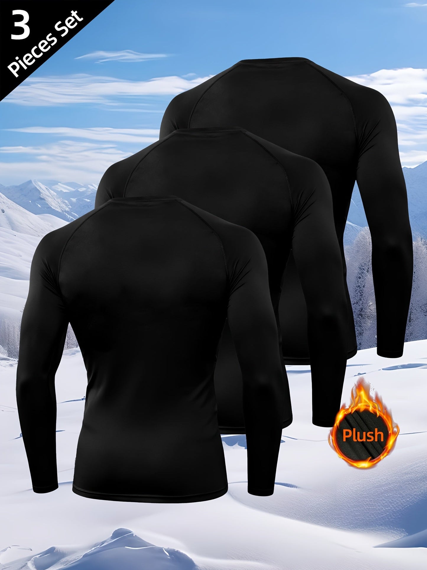 Men's Long-Sleeve Thermal Undershirt Crew Neck Black 3-Piece Set
