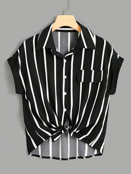 Women's Short-Sleeve Striped Blouse with Knot and Chest Pocket – Summer, Elegant, Casual