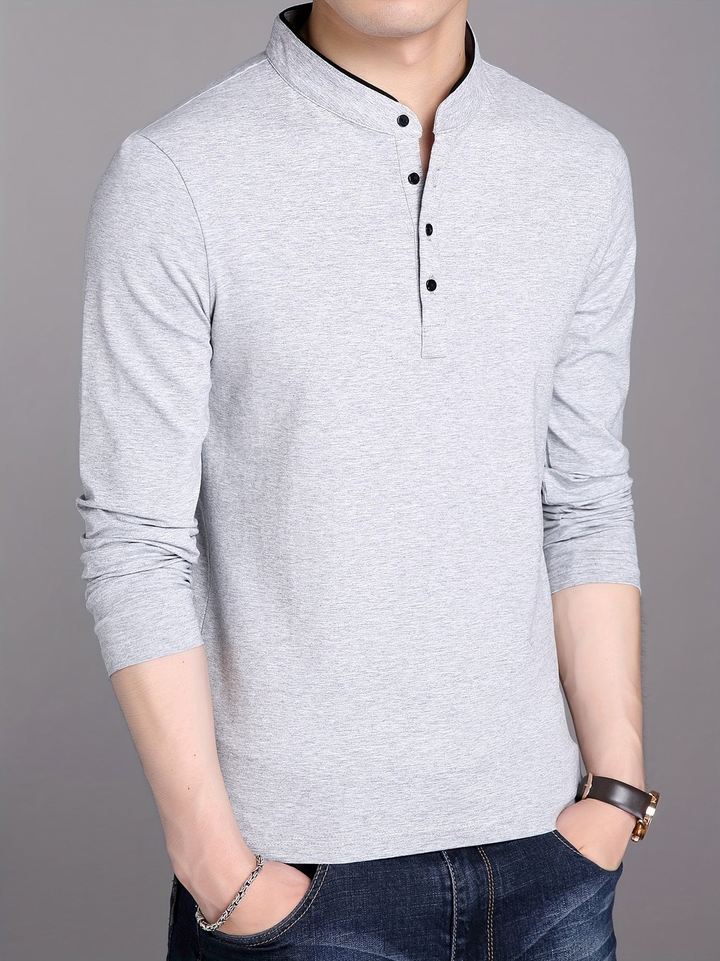 Men's long-sleeve shirt with stand-up collar and button placket