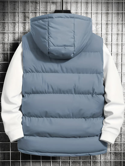 Men's quilted vest with hood, zipper & pockets, padded, black