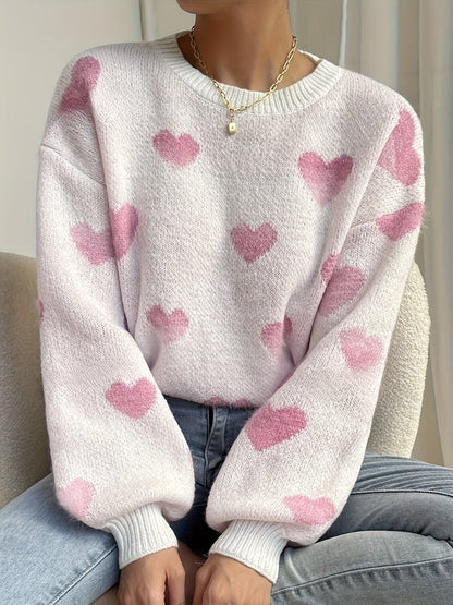 Women's sweater with heart pattern, crew neck, long-sleeve knit sweater
