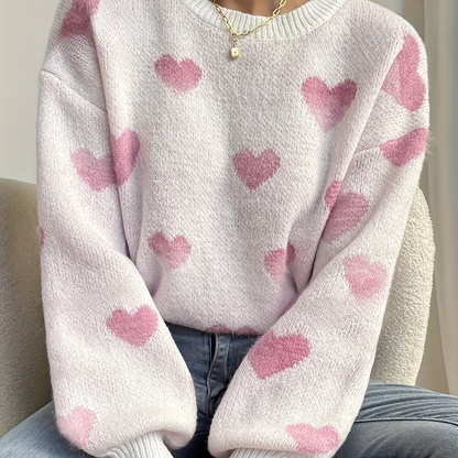 Women's sweater with heart pattern, crew neck, long-sleeve knit sweater