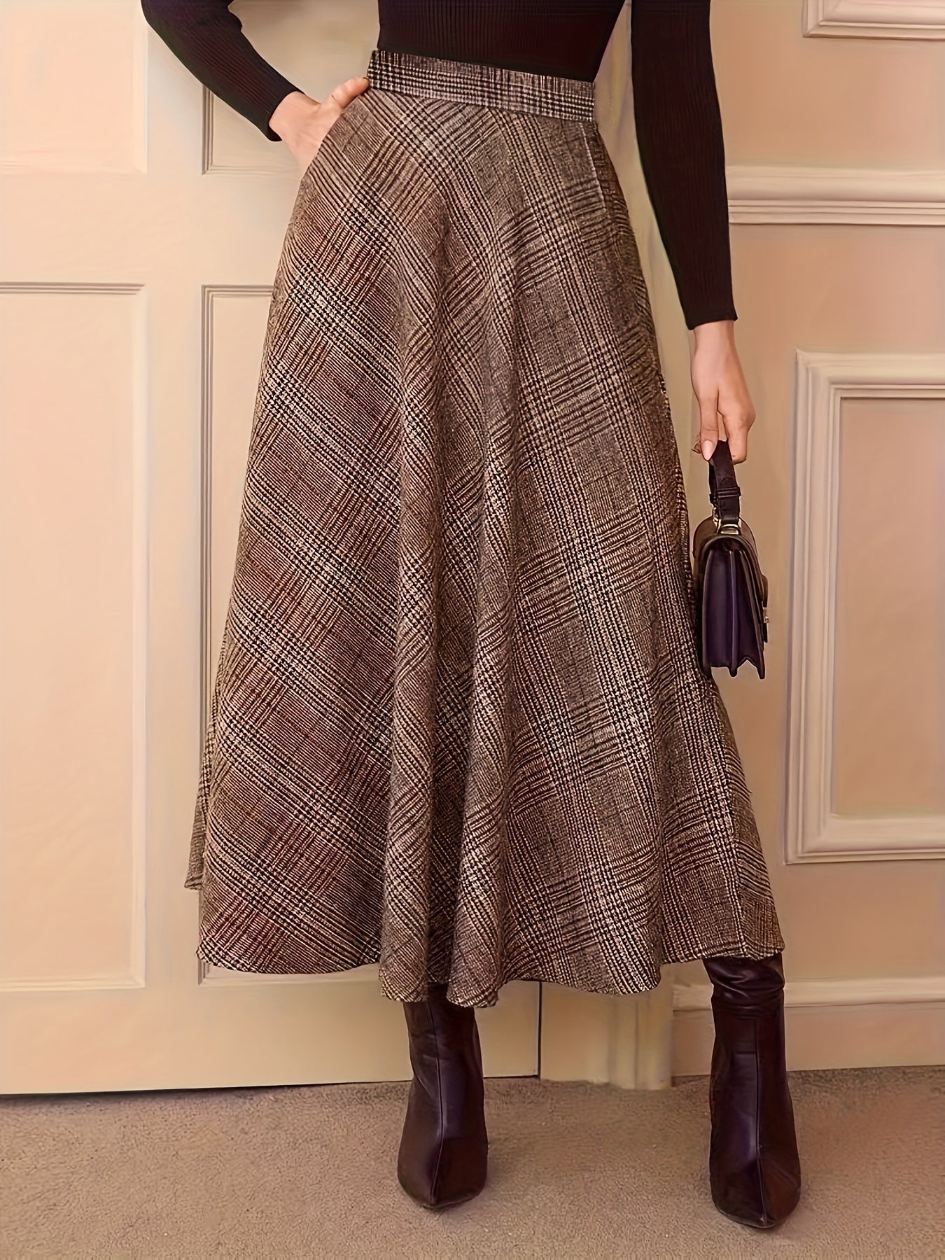 Women's plaid maxi skirt, A-line, high-waisted